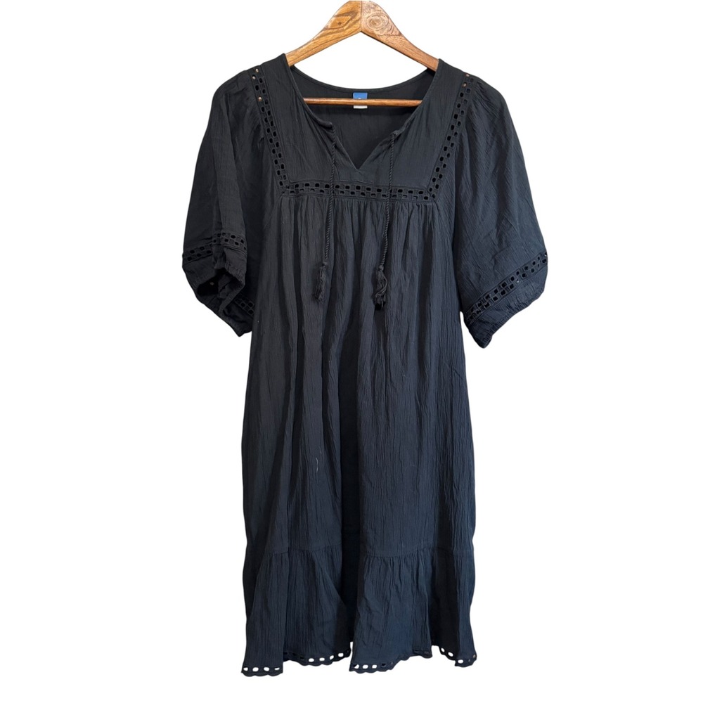 Old Navy Shift Dress Womens XL Black Excellent Eyelet Lace Tassel Boho Gauze